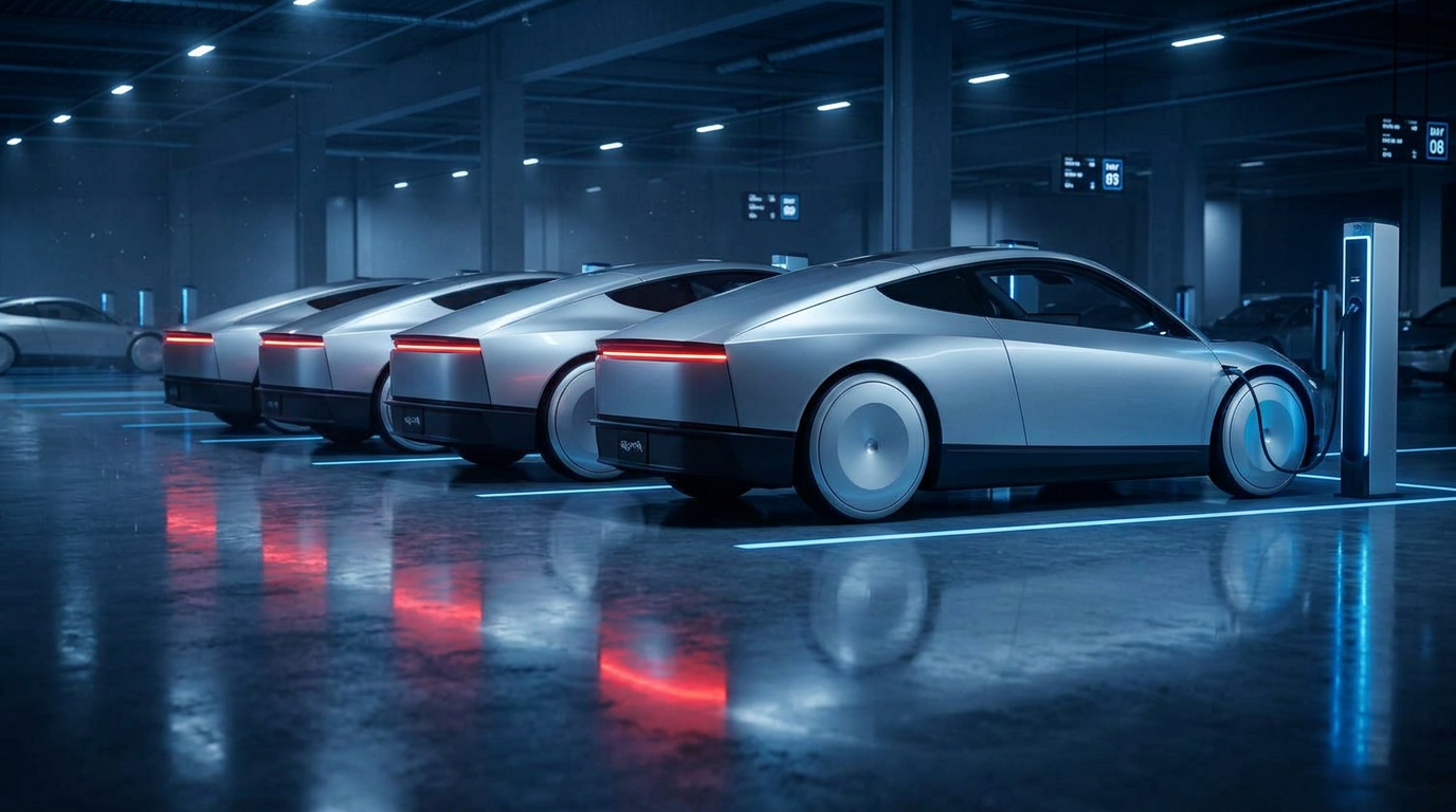 Cybercab robotaxis charging at a depot at night