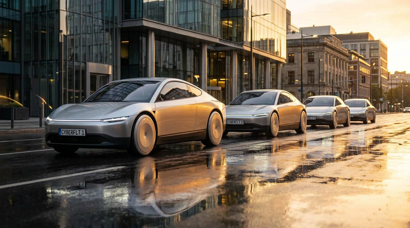 A fleet of identical driverless cybercab robotaxis moving through a modern city at sunrise